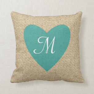 Customisable burlap teal heart monogram pillow