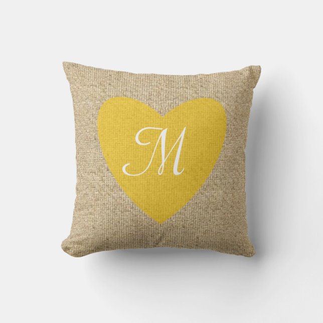 Customisable burlap yellow heart monogram pillow (Front)
