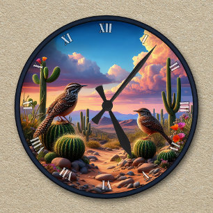 Customisable Cactus Wrens Arizona Desert Scene Round Clock