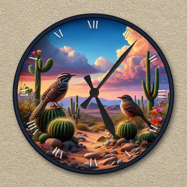Customisable Cactus Wrens Arizona Desert Scene Round Clock (Creator Uploaded)