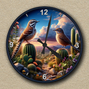 Customisable Cactus Wrens Arizona Desert Scene Round Clock