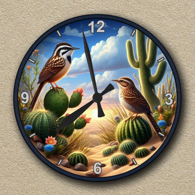Customisable Cactus Wrens Arizona Desert Scene Round Clock (Creator Uploaded)