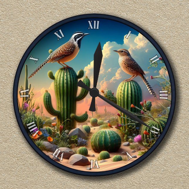 Customisable Cactus Wrens Arizona Desert Scene Round Clock (Creator Uploaded)
