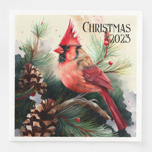 Customisable Cardinal on Evergreen Tree Christmas Napkin (Front)