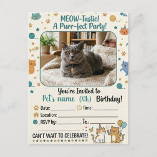 Customisable Cat Birthday Invitation with Photo Postcard