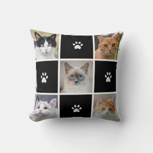 Customisable Cat & Dog Photos & Hearts on Black Cushion