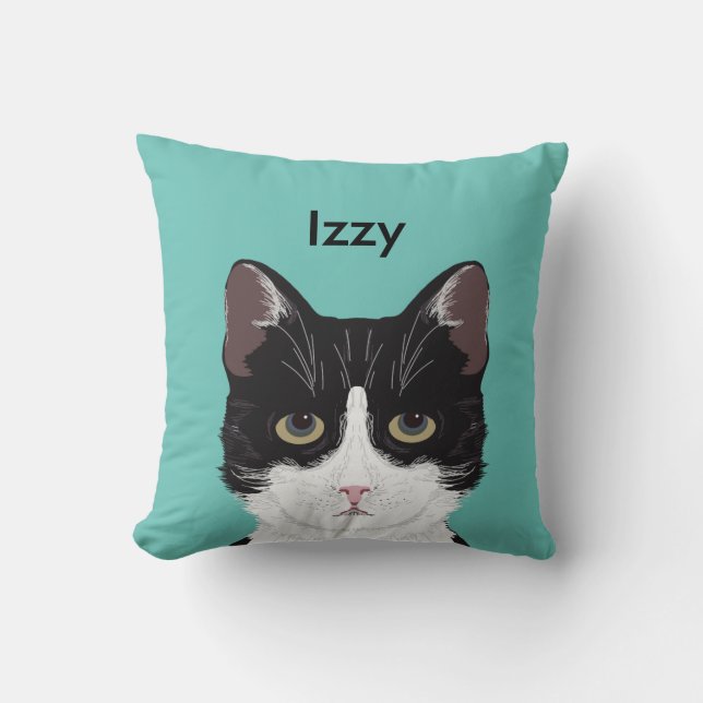 Customisable Cat Name - Black and White Tuxedo Cat Cushion (Front)