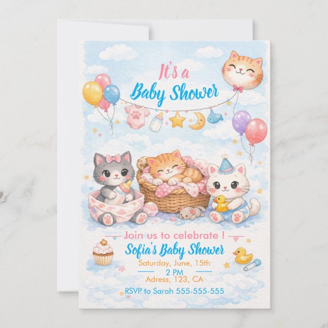 Customisable Cat-themed Baby Shower Invitation (Front)
