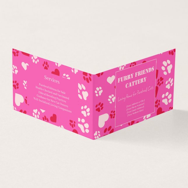 Customisable Cattery Business Card Pink Paw Print  (Outside)