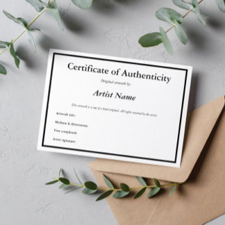 Customisable Certificate of Authenticity for Art Thank You Card