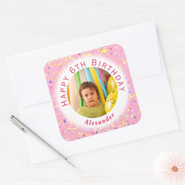 Customisable Child's Birthday Party Photo Painted Square Sticker (Envelope)
