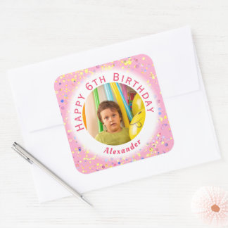 Customisable Child's Birthday Party Photo Painted Square Sticker