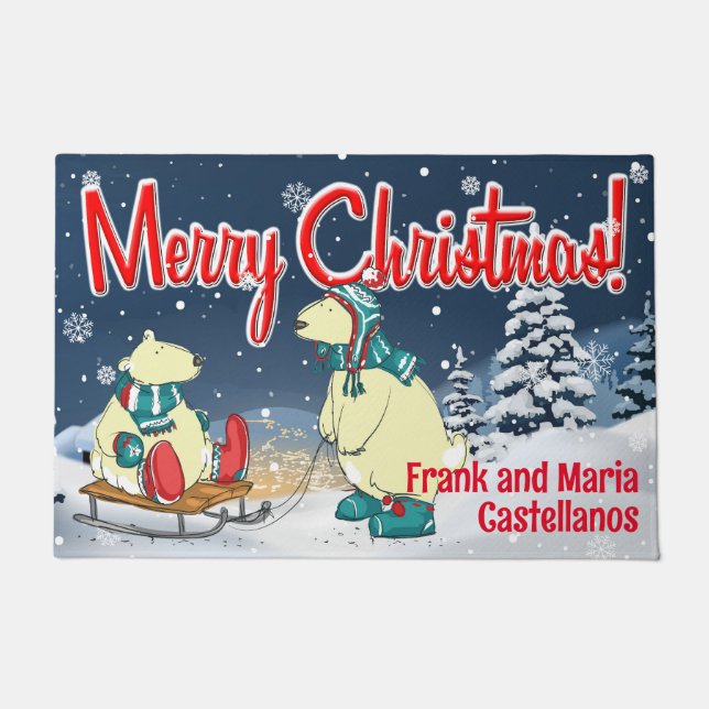 Customisable Christmas Bears Winter Holiday Scene Doormat (Front)