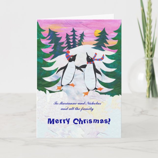 Customisable Christmas Card - Skating Penguins (Front)