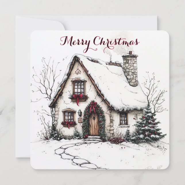 Customisable Christmas Card With Watercolor House (Front)