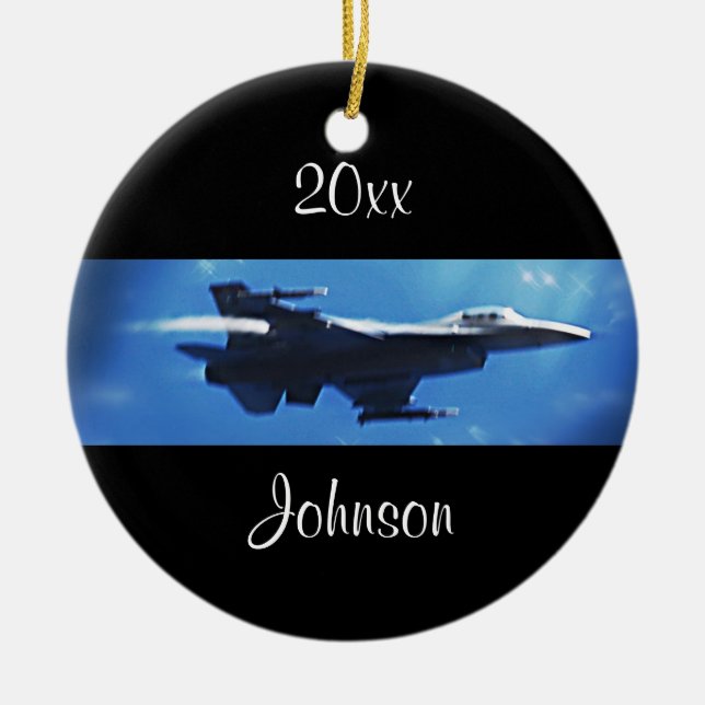 Customisable Christmas F16 Falcon Fighter Jet Ceramic Ornament (Front)