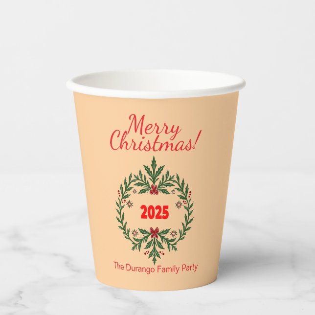 Customisable Christmas Festive Floral Wreath  Paper Cups (Front)
