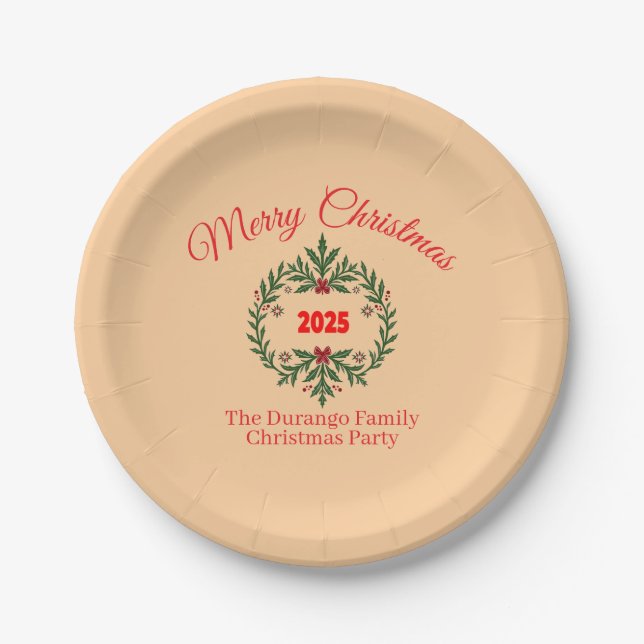 Customisable Christmas Festive Floral Wreath  Paper Plate (Front)