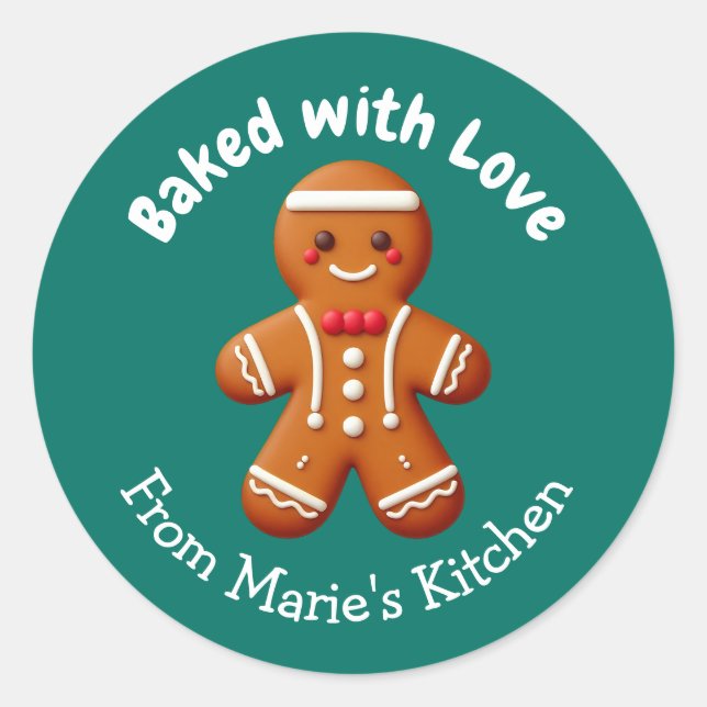 Customisable Christmas Gingerbread Baked with Love Classic Round Sticker (Front)