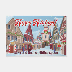 Customisable Christmas Town Winter Holiday Scene Doormat