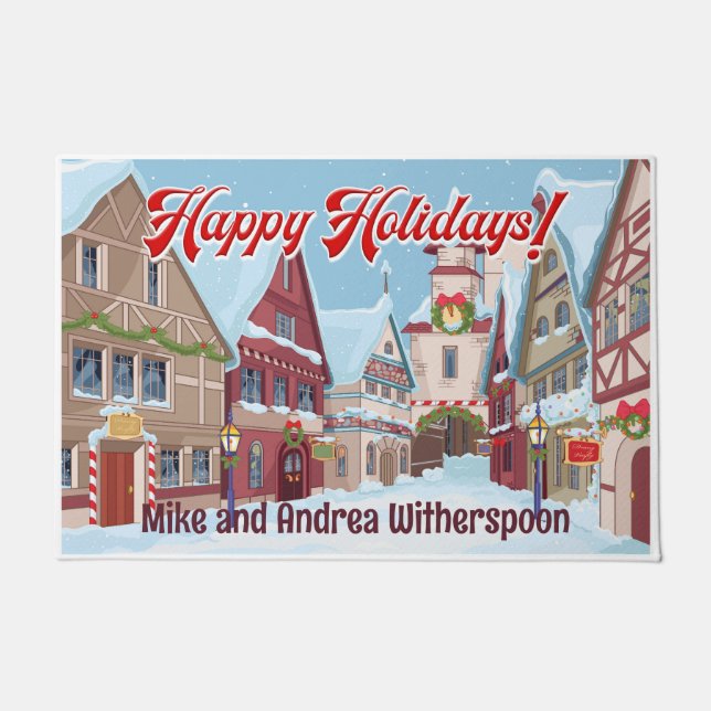 Customisable Christmas Town Winter Holiday Scene Doormat (Front)