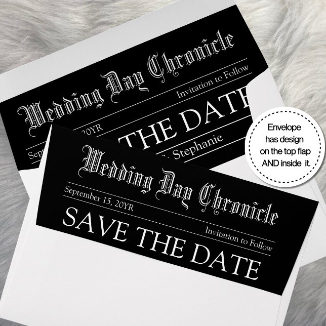 Customisable Classic Newspaper Elegant Typography Envelope (Custom Elegant White Script Newspaper Save the Wedding Date Black Envelope)