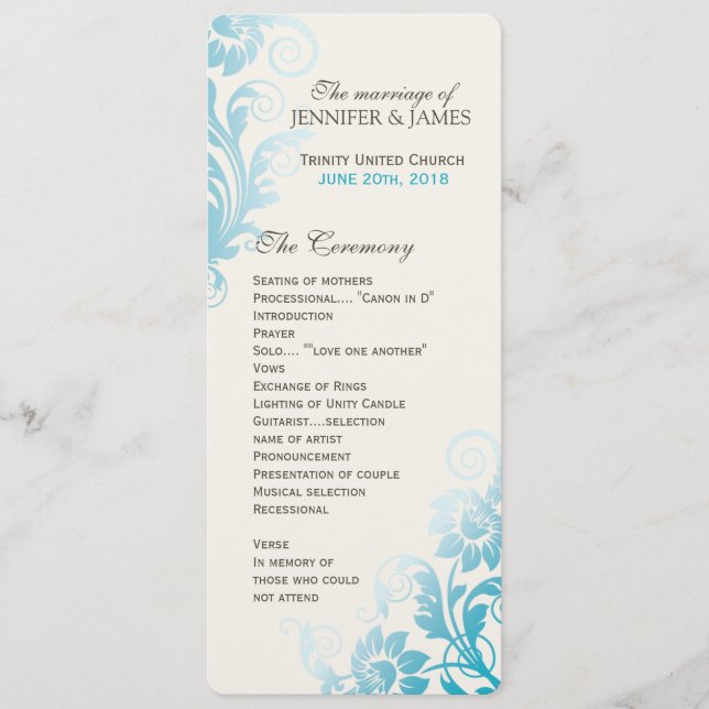 Customisable Classy Ombre Teal Wedding Program (Front)