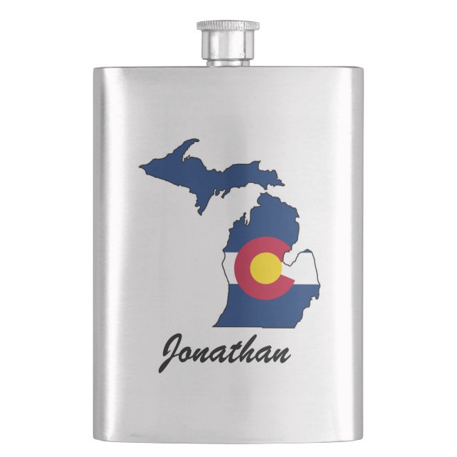 Customisable Colorado flag Michigan outline flask (Front)