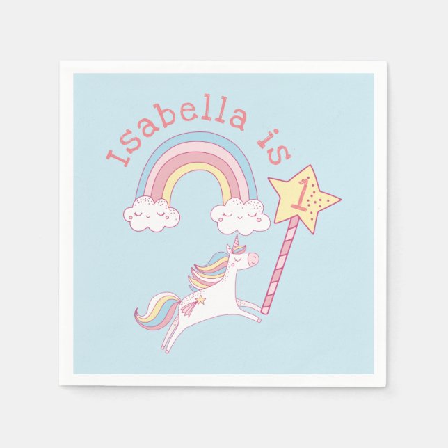 Customisable Colourful Unicorn Magic Wand Birthday Napkin (Front)