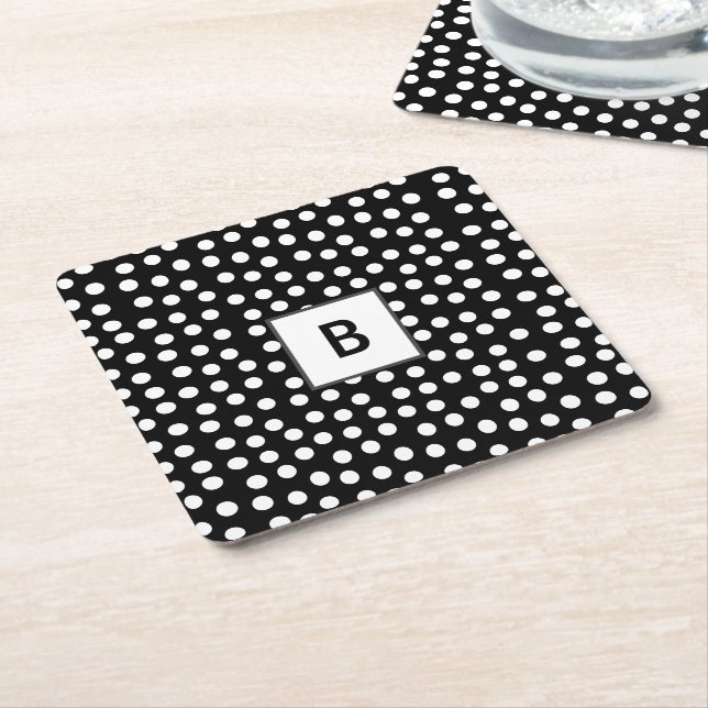 Customisable colours Polka dots monogram Square Paper Coaster (Angled)