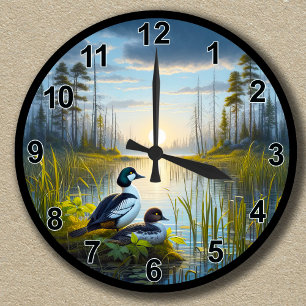 Customisable Common Goldeneye Ducks at Sunset Roun Round Clock