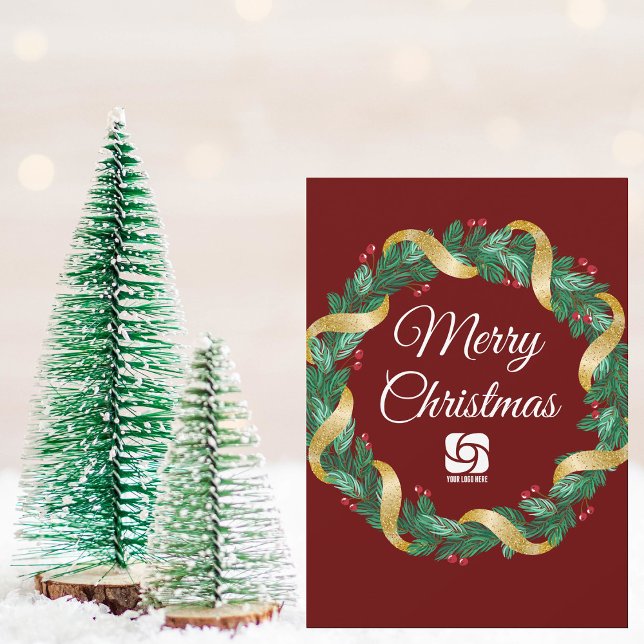 Customisable Company Logo Christmas Wreath Red Holiday Card (Creator Uploaded)