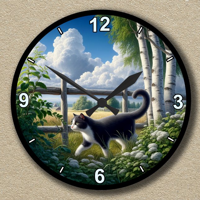 Customisable Countryside Tuxedo Cat Exploring Round Clock (Creator Uploaded)