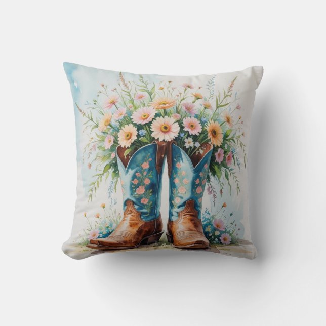 Customisable Cowgirl Throw Pillow | Bouquet Boots (Front)