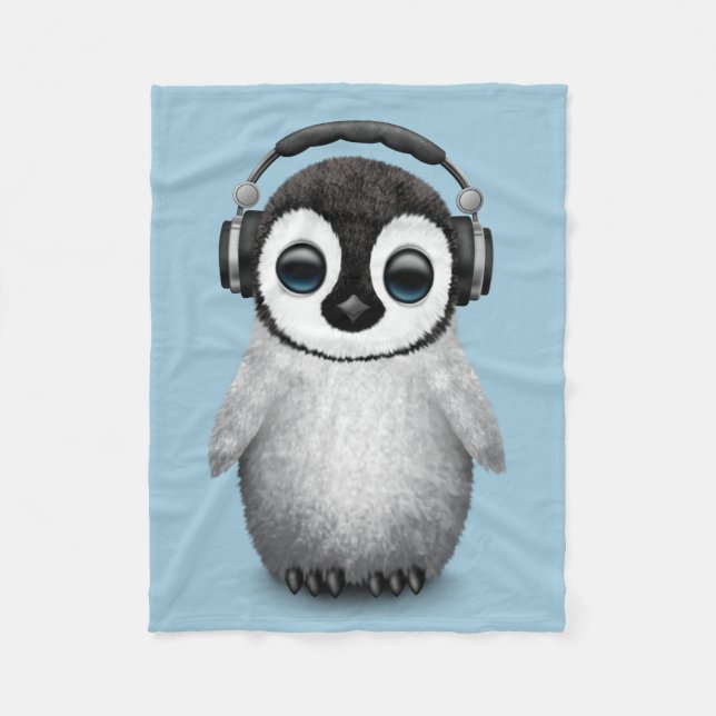 Customisable Cute Baby Penguin Dj with Headphones Fleece Blanket (Front)