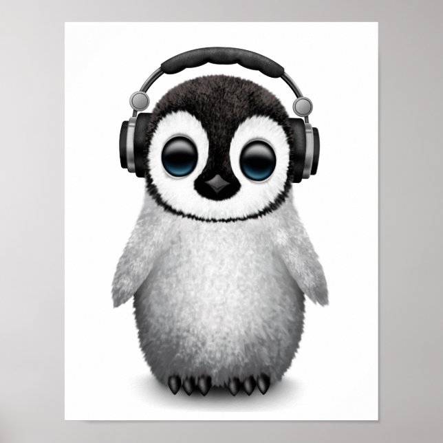 Customisable Cute Baby Penguin Dj with Headphones Poster (Front)