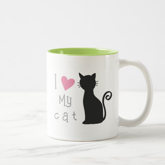 Customisable cute black cat with lovely pink heart Two-Tone coffee mug (Right)