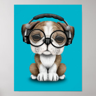 Customisable Cute Bulldog Puppy Dj with Headphones Poster