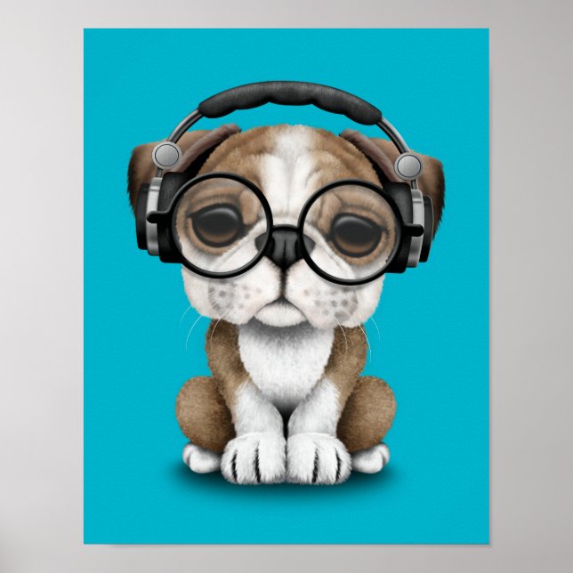Customisable Cute Bulldog Puppy Dj with Headphones Poster (Front)