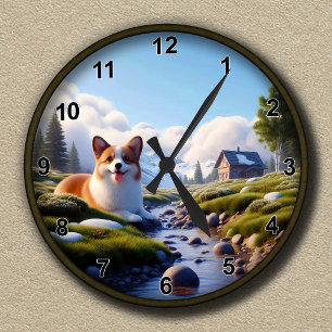 Customisable Cute Corgi Scenic Background Round Clock