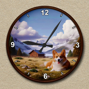 Customisable Cute Corgi Scenic Background Round Clock
