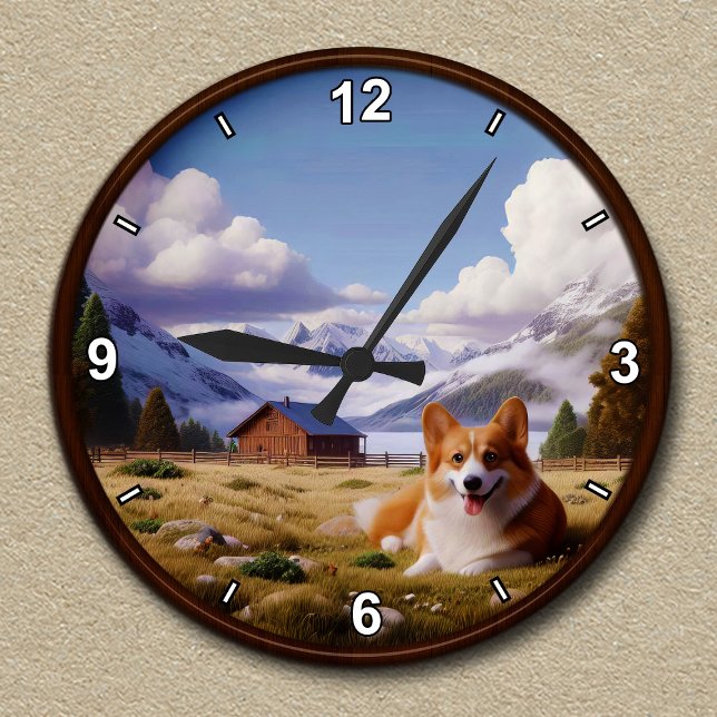 Customisable Cute Corgi Scenic Background  Round Clock (Creator Uploaded)