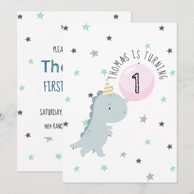 Customisable Cute Dinosaur Birthday Invitation (Front/Back)