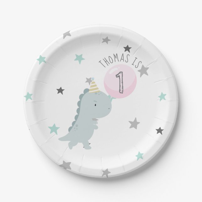 Customisable Cute Dinosaur Birthday Paper Plate (Front)