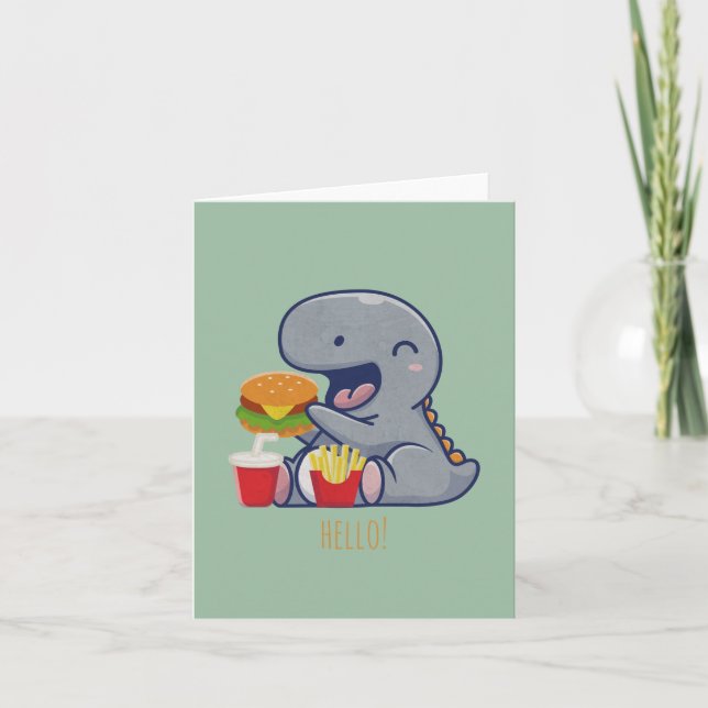 Customisable Cute Dinosaur Eating Fast Food Note Card (Front)