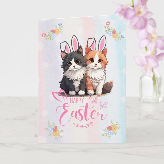 Customisable Cute Duo Kitten Bunny Easter Card (Orchid)