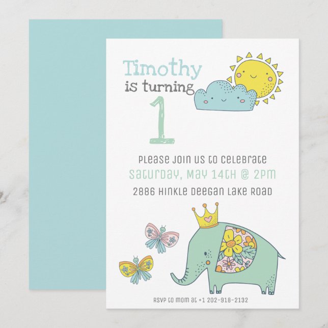 Customisable Cute Elephant and Butterflies Invitation (Front/Back)