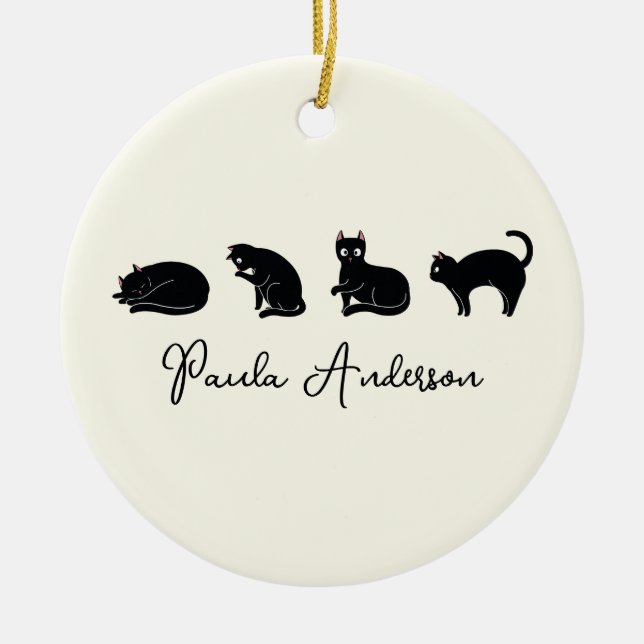 Customisable Cute Funny Black Cat Ceramic Ornament (Front)