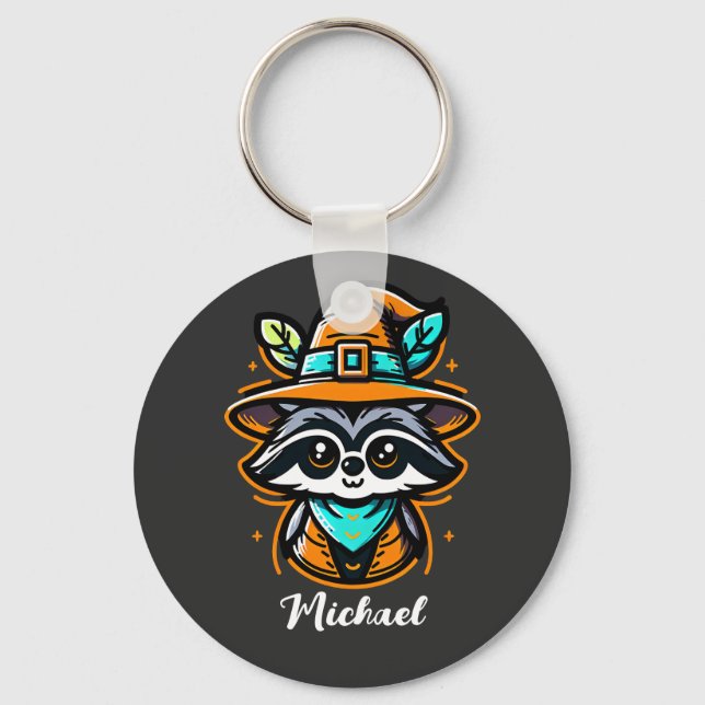 Customisable Cute Halloween Racoon  Key Ring (Front)