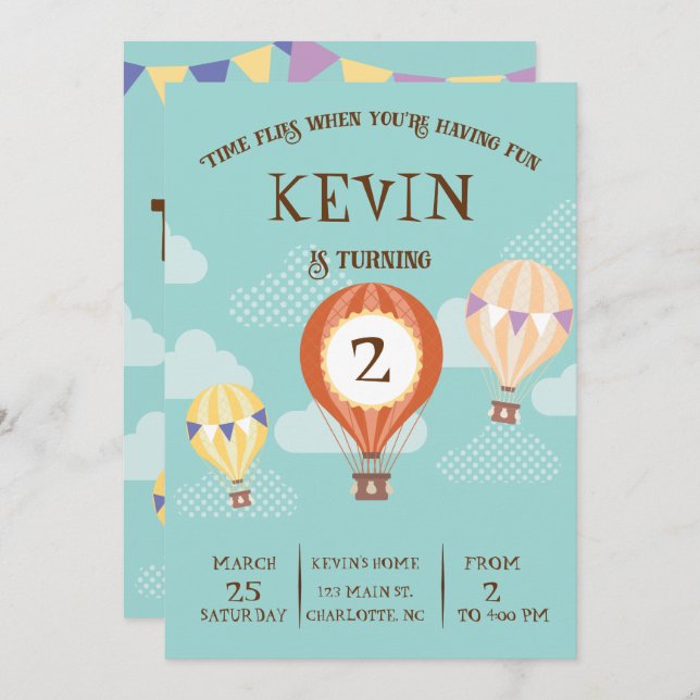 Customisable Cute Hot-Air Balloon Birthday. Invitation (Front/Back)
